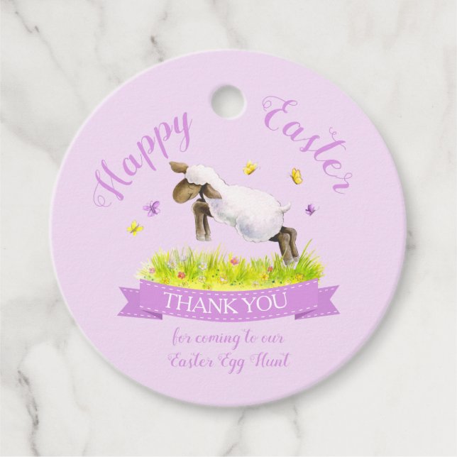 Frühlingslamm niedlich lila rosa Ostern Vielen Dan Geschenkanhänger (Vorderseite)