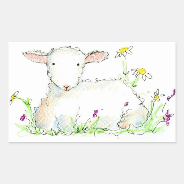 Frühlingslamm Schaffarm Animal Illustration Art Rechteckiger Aufkleber (Vorderseite)