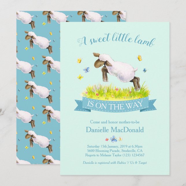 Frühlingslamm überspringen niedliche Babydusche Ei Einladung (Vorne/Hinten)