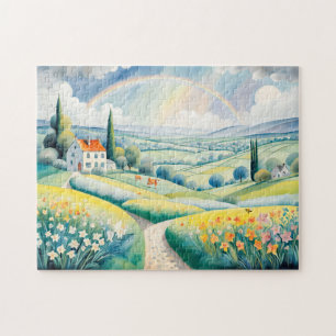 Frühlingslandschaft mit Regenbogen über den italie