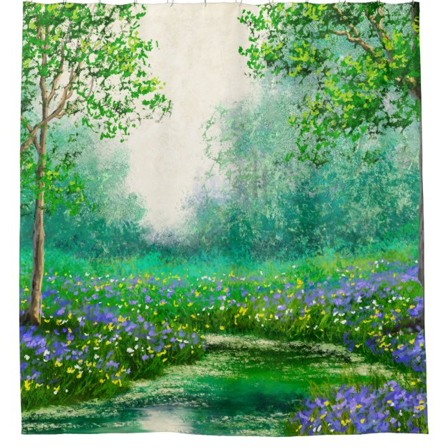 Frühlingslandschaft Ölmalerei, Wald. Duschvorhang (Vorderseite)