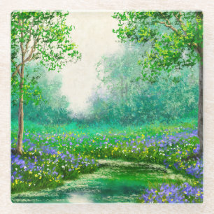 Frühlingslandschaft Ölmalerei, Wald. Glasuntersetzer