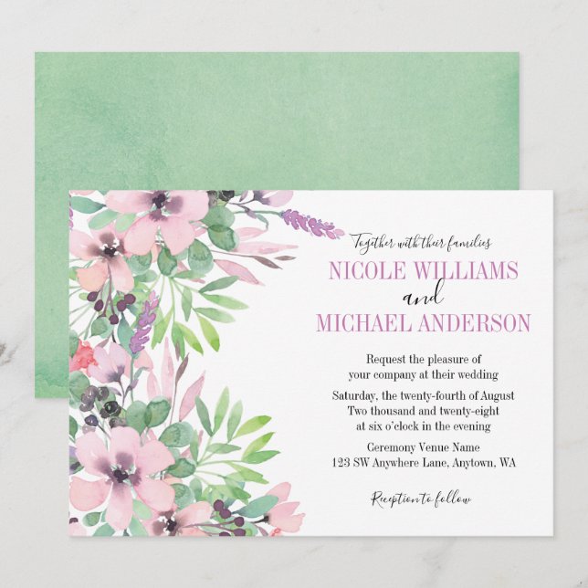 Frühlingsleder Wasserfarbenpeony Foliage WEDING Einladung (Vorne/Hinten)