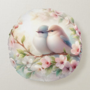 Frühlingsliebesvögel Kirschblüten Floral Rundes Kissen