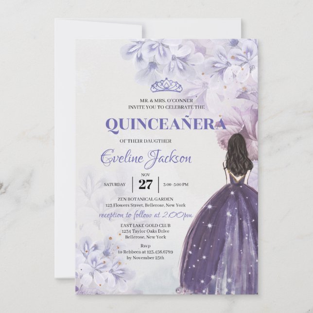 Frühlingslila Blumen Prinzessin Kleid Quinceanera Einladung (Vorderseite)