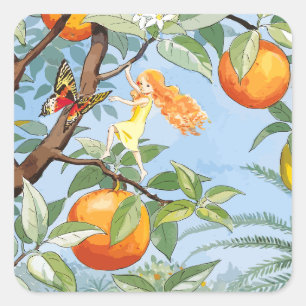 Frühlingsmädchen, das den Baum mit Früchten, einem Quadratischer Aufkleber