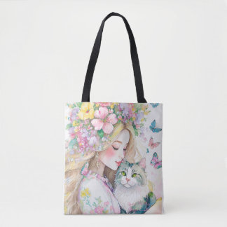 Frühlingsmädchen mit Blumen und Katze Tasche