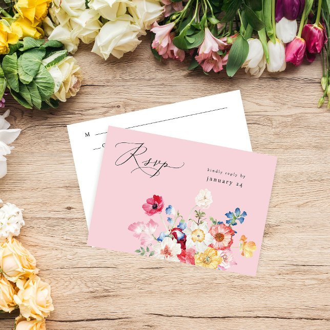 Frühlingsmehrfarben Florals w Mahlzeit UAWG - Rosa RSVP Karte (Von Creator hochgeladen)