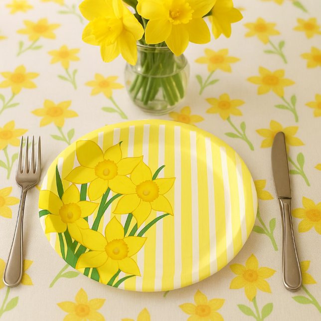 Frühlingsmodifikationen mit gelben Streifen Pappteller (cheerful yellow daffodils paper plate for spring gatherings and Easter brunch )