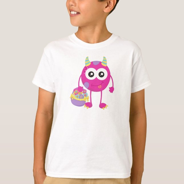 Frühlingsmonster, rosa Monster, Hörner, Blume T-Shirt (Vorderseite)