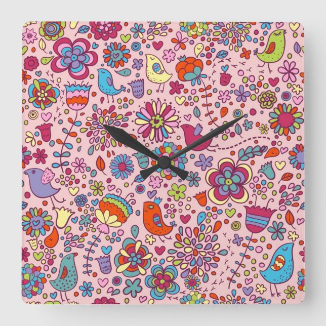 Frühlingsmuster mit bunten Blume Quadratische Wanduhr (Vorderseite)