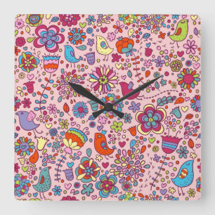 Frühlingsmuster mit farbenfrohen Blumen Quadratische Wanduhr