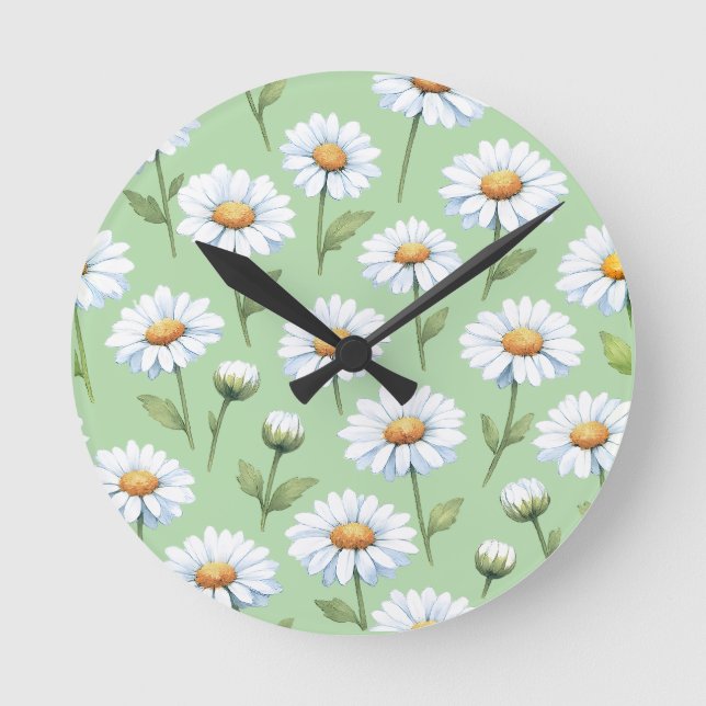 Frühlingsmuster mit Gänseblümchen Runde Wanduhr (Vorderseite)