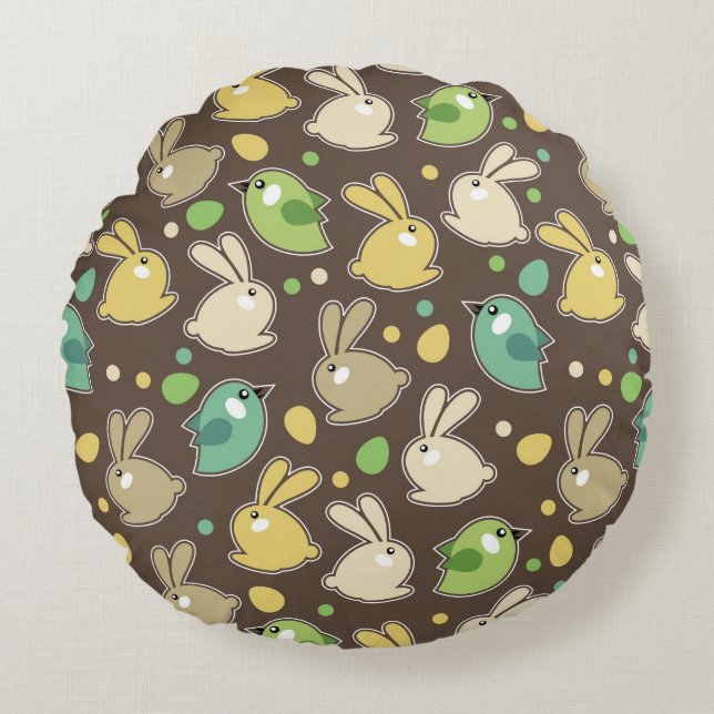 Frühlingsmuster mit Ostereiern, Vögel Rundes Kissen (Vorderseite)