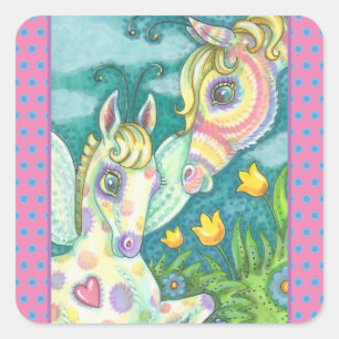 FRÜHLINGSOSTERN, REGENBOGEN BABYPFERD, FEENAUFkleb Quadratischer Aufkleber