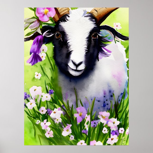 Frühlingsosterziege Kid Floral Wasserfarbe Poster (Vorne)
