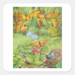 Frühlingspark mit Kick und Froggie Quadratischer Aufkleber