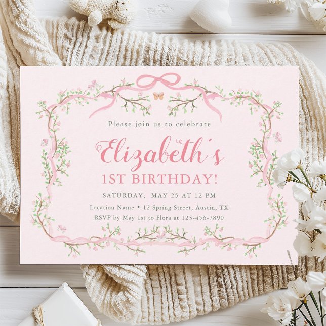 Frühlingspark Rosa & Grün 1. Geburtstag Party Einladung (Von Creator hochgeladen)