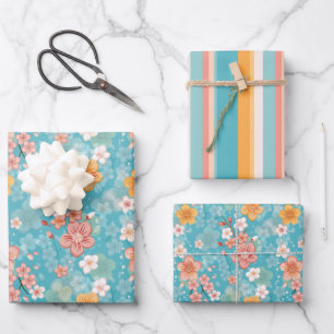 Frühlingspark Türkisblaue Kirschblüten und Streife Geschenkpapier Set