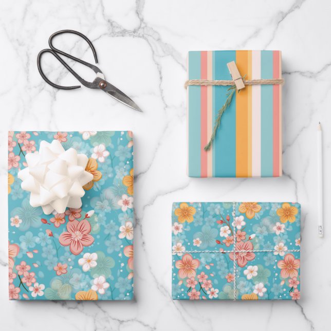Frühlingspark Türkisblaue Kirschblüten und Streife Geschenkpapier Set (Vorderseite)