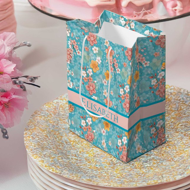Frühlingspark Türkisblaue Kirschblüten und Streife Mittlere Geschenktüte (Von Creator hochgeladen)