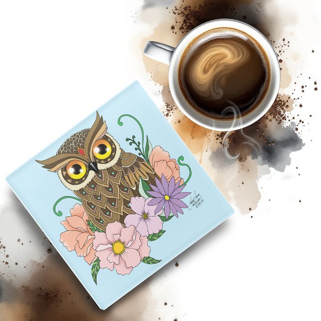 Frühlingspastel Blume Owl Glasuntersetzer (Von Creator hochgeladen)