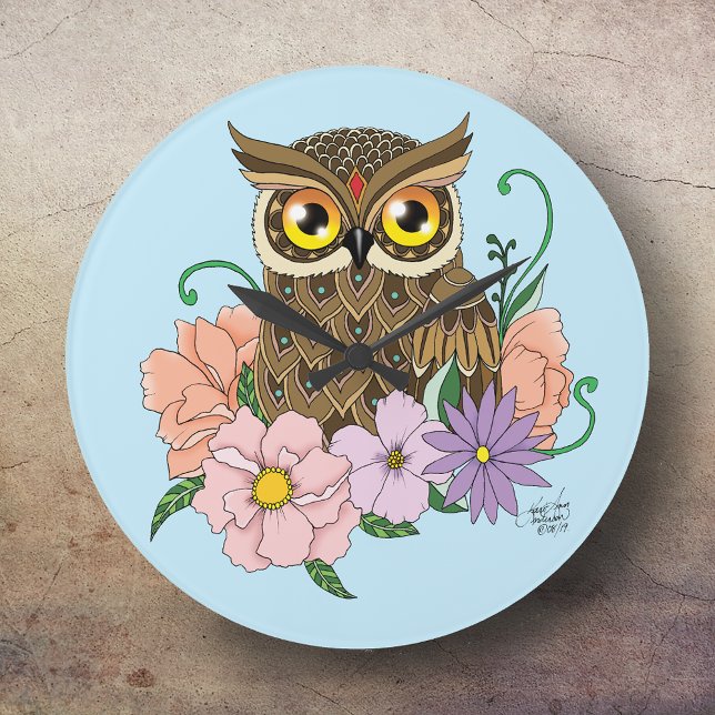 Frühlingspastel Blume Owl Große Wanduhr (Von Creator hochgeladen)