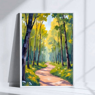 Frühlingspfad Grüne Wald-Wasserfarben-Natur Poster
