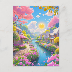 Frühlingspink blüht Landschaftliche Riverside Natu Postkarte