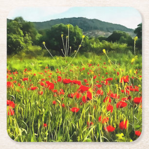 Frühlingspopole Wiese und Bergwelt Rechteckiger Pappuntersetzer