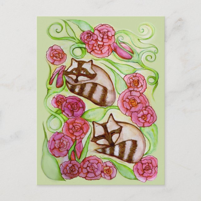 Frühlingsraccoons der Rose Postkarte (Vorderseite)
