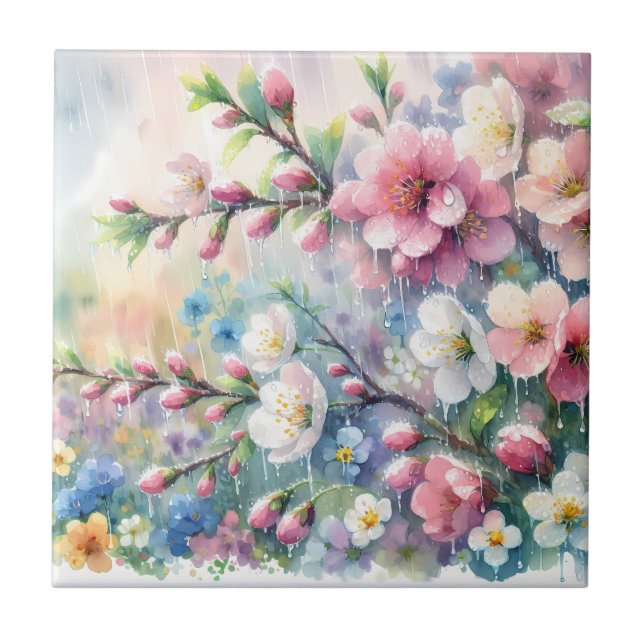 Frühlingsregen-Blüten-Aquarell-Cottagecore Fliese (Vorderseite)
