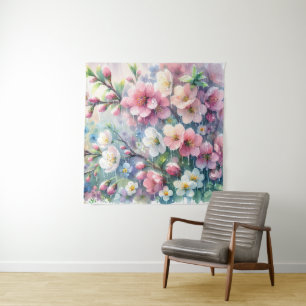 Frühlingsregen-Blüten-Aquarell-Cottagecore Wandteppich