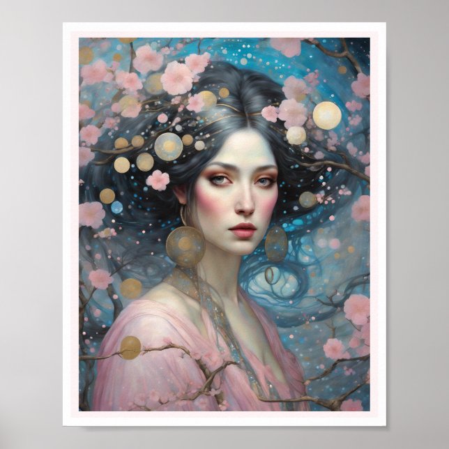 Frühlingsrosa Cherry Blossom Frau Blue Eyes Poster (Vorne)
