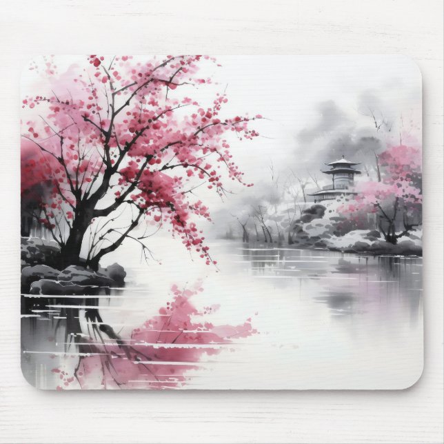 Frühlingssakura Tintenzeichnung Mousepad (Vorne)