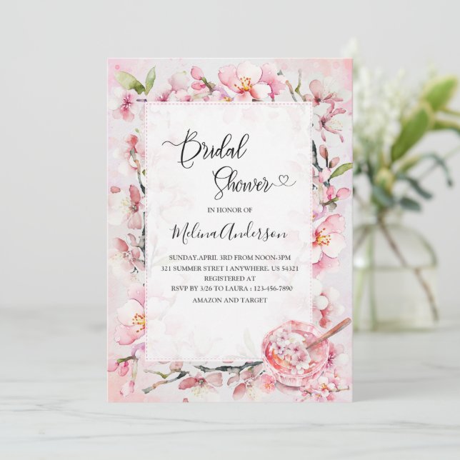 Frühlingssakurfflügler und Dessert Aquarellbri Einladung (Stehend Vorderseite)