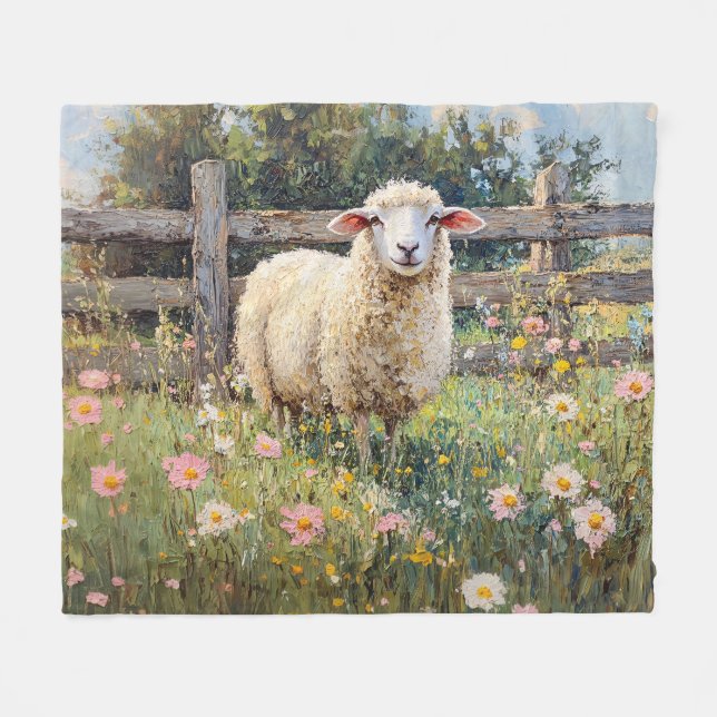 Frühlingsschaf mit Wildblumen Fleecedecke (Vorderseite (Horizontal))