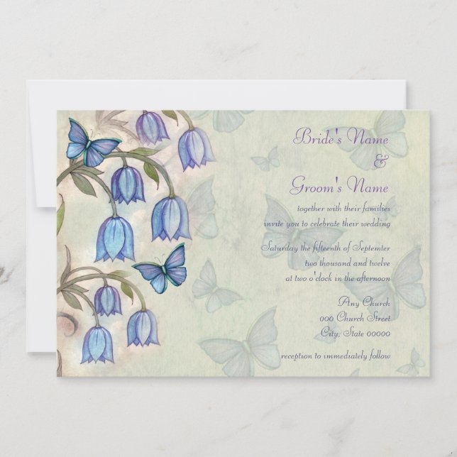 Frühlingssehen und Hochzeiten mit blauen Schmetter Einladung (Vorderseite)