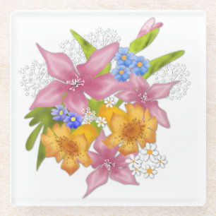 Frühlingssommer Blumenstrauß Blume rosa gelb bl Glasuntersetzer