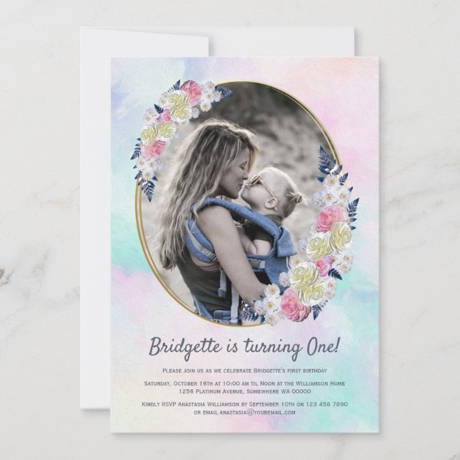 Frühlingssommer Pink Blue Floral Girl Foto Einladung (Vorderseite)