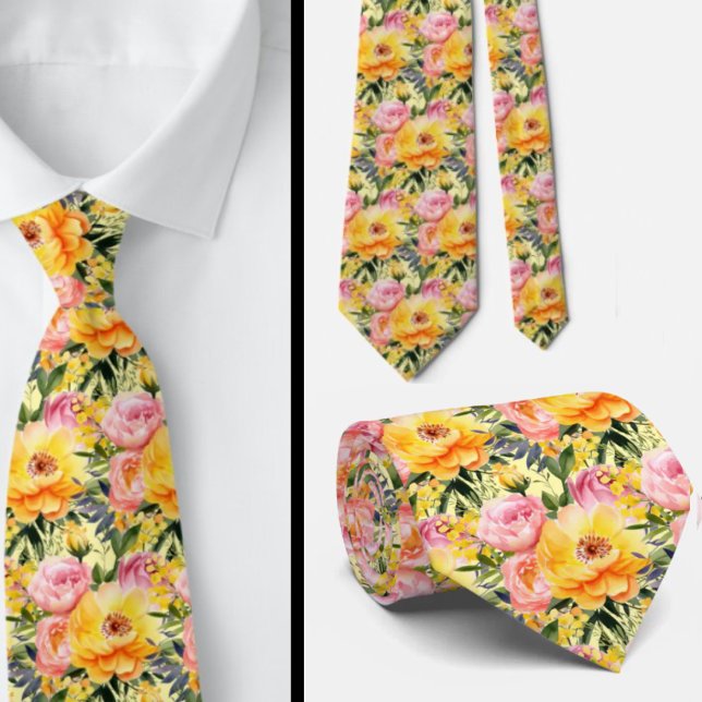 Frühlingssommer Rosa und Gelbe Flora Neck Tie Krawatte (Von Creator hochgeladen)
