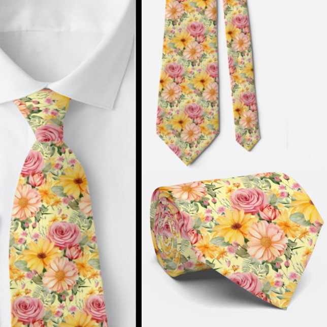 Frühlingssommer Rosa und Gelbe Flora Neck Tie Krawatte (Von Creator hochgeladen)