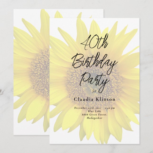 Frühlingssonne Sonnenblumen 40. Geburtstag Party Einladung (Vorne/Hinten)
