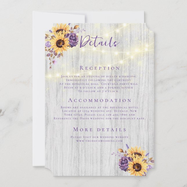 Frühlingssonnenblume Lila Peony Wedding Details Einladung (Vorderseite)