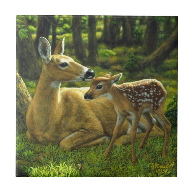Frühlingssorge Fawn and Mother Deer Fliese (Vorderseite)