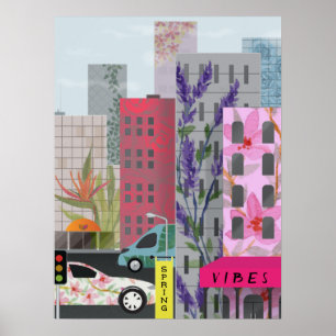 Frühlingsstadt Vibes Aquarell Blumen Stadt Kunst Poster
