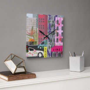 Frühlingsstadt Vibes Aquarell Blumen Stadt Kunst Quadratische Wanduhr