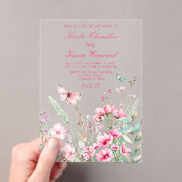 Frühlingsstich-Rosa-Schmetterling-Hochzeit Acryleinladungen