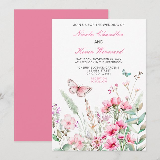 Frühlingsstich-Rosa-Schmetterling-Hochzeit Einladung (Vorne/Hinten)