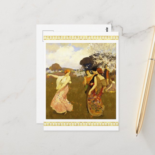 Frühlingstanz, Arthur F. Mathews Postkarte (Vorderseite/Rückseite Beispiel)